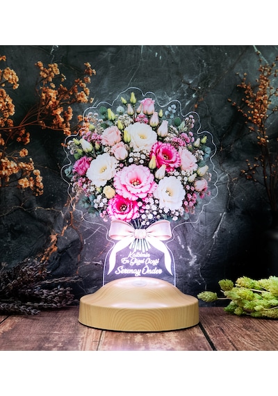 Romantik Lisyantus Çiçek Buketi Led Lamba - Kişiye Özel Sevgiliye Doğum Günü Hediyesi, Yıldönümü Hediyesi