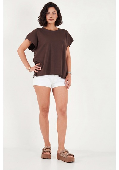 Lela Pamuklu Rahat Kalıp Bisiklet Yaka T Shirt Bayan T Shirt 5866955 Kahve