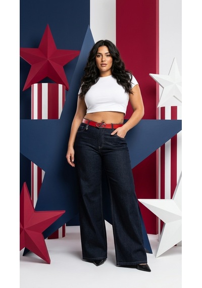 Büyük Beden Bol Paça Kemerli Cepli Likralı Denim Kadın Pantolon Mavi