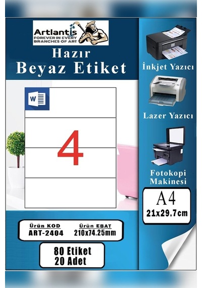 A4 Hazır Etiket 210x74.25 Mm 20 Sayfa 1 Paket 4 Lü Kendinden Yapışkanlı Fotokopi Lazer İnkjet Kağıdı Yazıcılar İçin Uyumlu