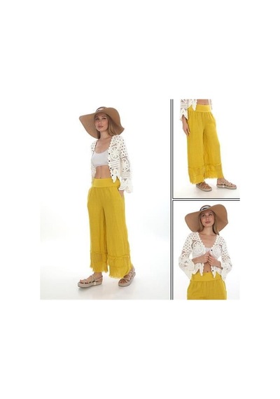 Eren Style İtalyan Fisto Detaylı Keten Pantolon-9186 Sarı