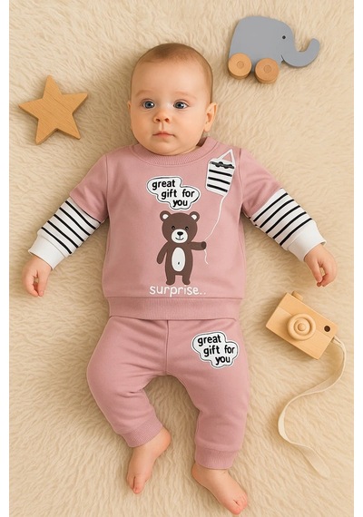 Veraura Lifestyle Gift For You Desenli 2'li % 100 Pamuk Kız Bebek Takımı Gülkurusu