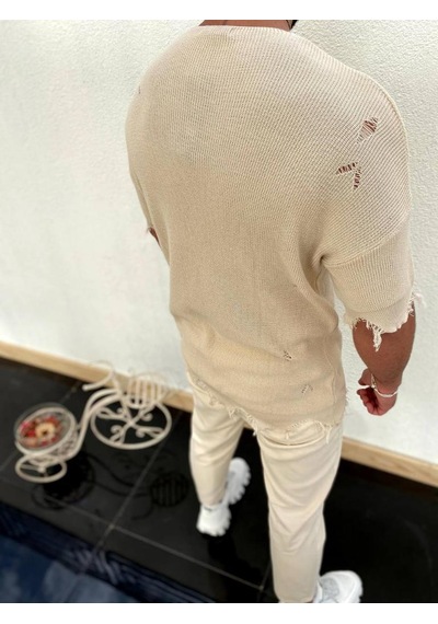 Elkumoda Yırtık Detaylı Tişört Lazer Kesim Tshirt-2684