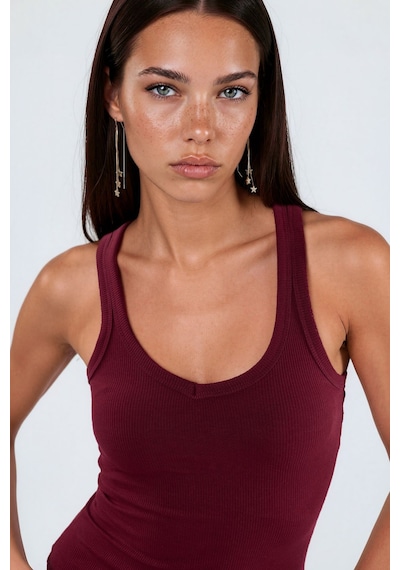 Hiccup Busem V Yaka Ribanalı Tank Top Bordo Kırmızı