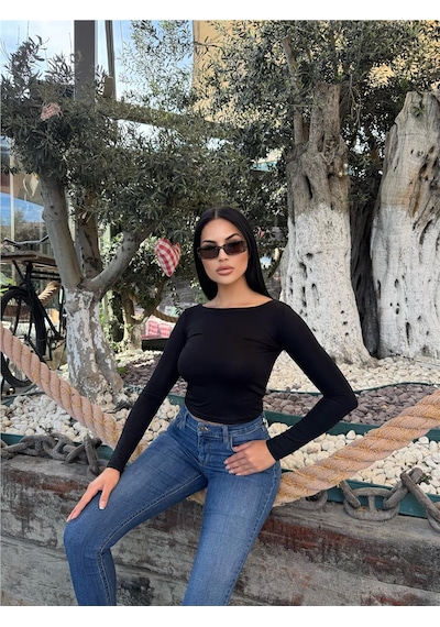 WeShaya Kadın Siyah Kayık Yaka Uzun Kollu Viskon Badi Tişört Siyah