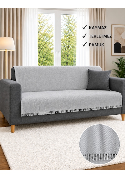 Sevhome Concept %100 Pamuk Kaymaz & Terletmez & Saçaklı & Yumuşak Koltuk Örtüsü-tek Ve Çift Kişilik Koltuklar İçin- 170 X 200 Cm Açık Gri