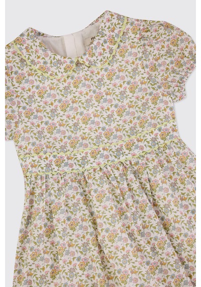 Made With Liberty Fabric Liberty Kumaş Kız Çocuk Bebe Yakalı Çiçek Desenli Elbise Krem