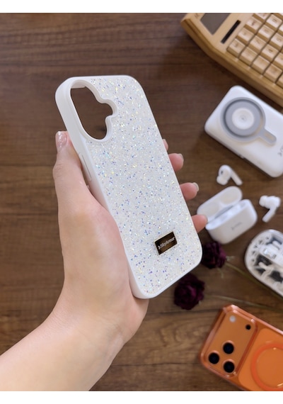 Samsung A07 Uyumlu Kadife İç Yüzey Tasarımlı Taşlı Işıltılı Parlak Pırlanta Kılıf Dia Plus Beyaz