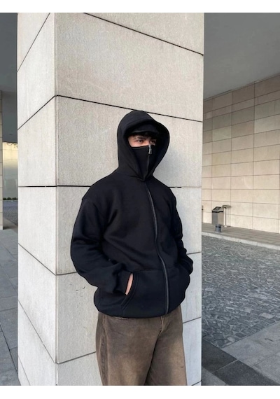 Mbb E-ticaret Samuray Ninja Çift Kapşonlu Zıp Fermuarlı Kanguru Çepli Tam Fermuarlı Hoodie Swetshirt - Siyah