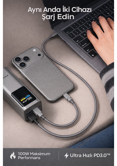 100w Ultra Hızlı Şarj Powerbank 20000 Mah Pd 3.0 Tft Ekranlı Dahili Type-c Kablolu Gri