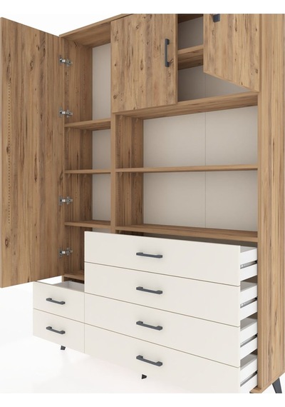Arges Dolap 8 Raflı 6 Çekmeceli 3 Kapaklı 132x30x195 Çam-çam/... Çam