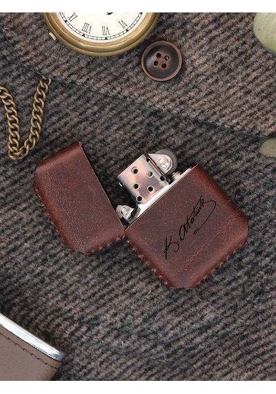 Vagave Kahve Renk Hakiki Deri Kılıflı Zippo Benzinli Çakmak