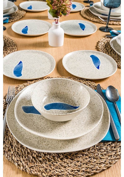 Blue Leaf Geo 24 Parça 6 Kişilik Porselen Yemek Seti