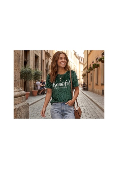 Maşuka Kadife Kumaş Yazlık Kadın T-shirt Tişört Zümrüt Yeşili Zümrüt Yeşili