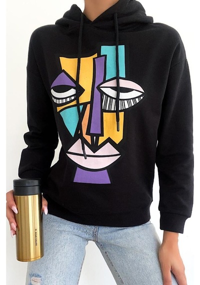 Femelle Kadın Yeni Sezon Karakter Baskılı Kapüşonlu Pamuklu Sweatshirt siyah