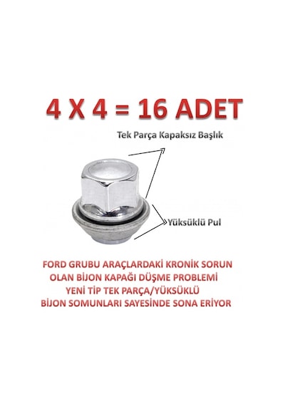 Yok Yok Oto Ford Courier Bijon Somunu Krom Yüksüklü 16 Adet 19mm