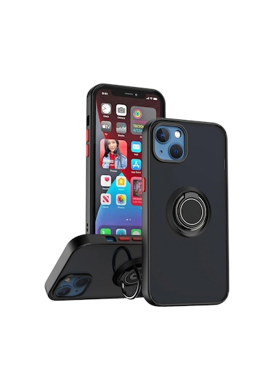 Apple Uyumlu iPhone 15 Kılıf Yüzüklü Standlı Extra Darbe Koruma Sert Silikon Kapak - Siyah Siyah
