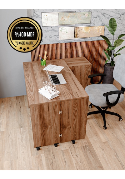Rafineri Flor Çalışma Masası Dolaplı Açılır Katlanır Masa Mdf Ceviz