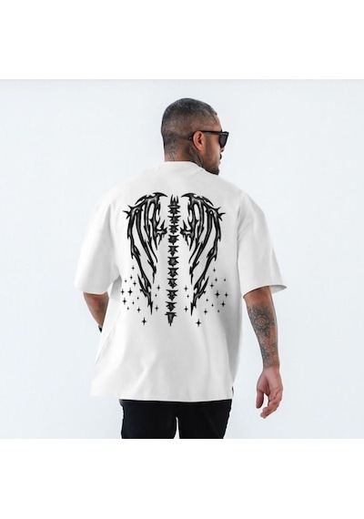Flood Of Style Erkek Beyaz Yıldızlı Melek Kanadı Baskılı Bisiklet Yaka Tshirt