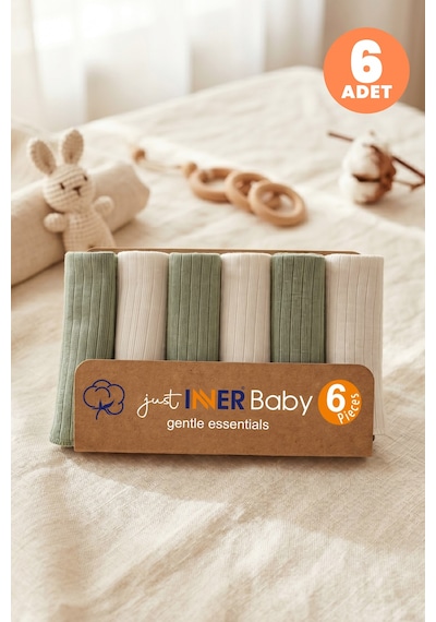 Just Inner Erkek Bebek 6'lı %100 Pamuk Ağız Mendili Düz Renk Dokulu Kutulu Set Nefes Alan Doku 582202 Yeşil