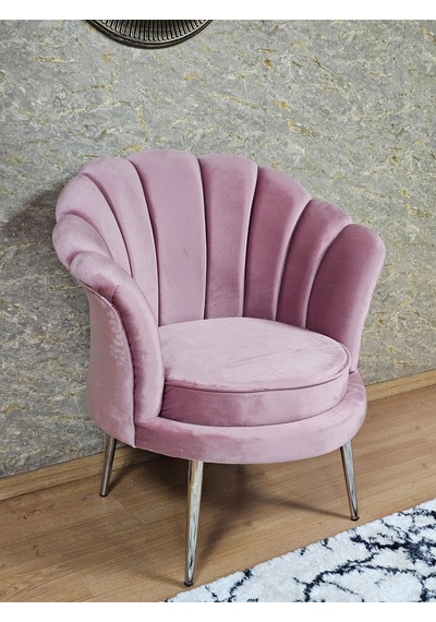 Zafir Tekli İstiridye Krom Kaplama Sivriltme Ayak Çay Seti Koltuk Tekli Berjer , Balkon, Salon, Ofis Pembe