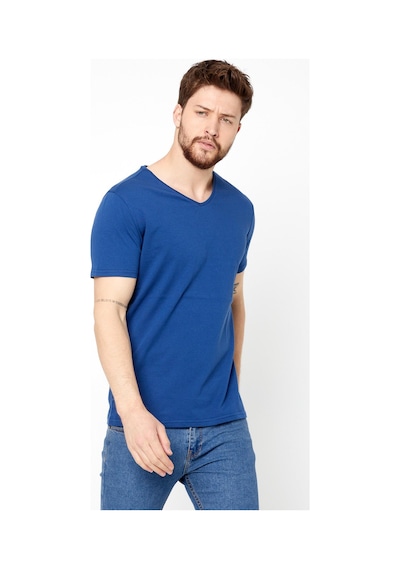 Erkek Indigo %100 Pamuk Basıc Regular Fit Pamuklu Kısa Kollu V Yaka T-shirt İndigo