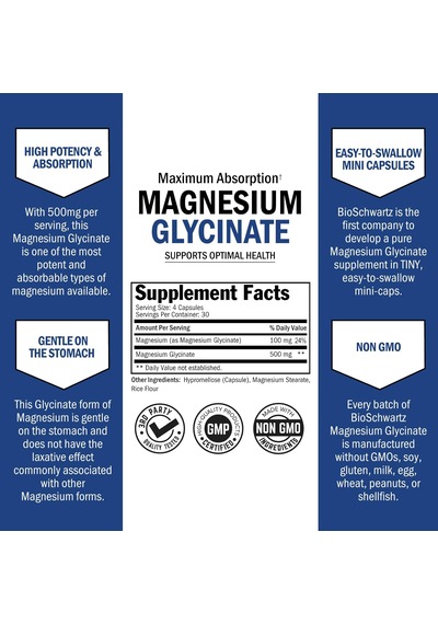 Bioschwartz Magnesium Glycinate 500mg Nerves Muscles Heart Mood And Sleep Support 120 Aromasız
