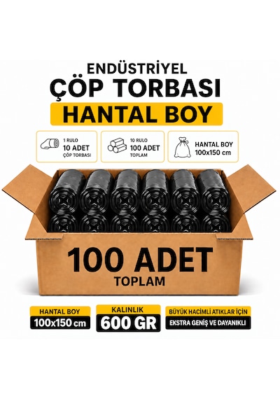 Endüstriyel Çöp Torbası Hantal Boy 100x150 Cm 600 Gr 10 Rulo 100 Adet