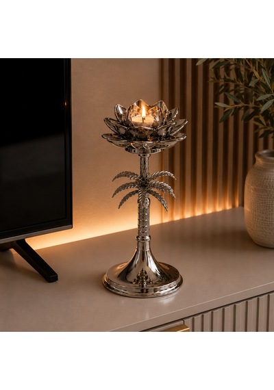 Palmiye Desenli Gümüş Renk Metal Lotus Mumluk 3'lü Şamdan Seti Dekoratif Mumluk