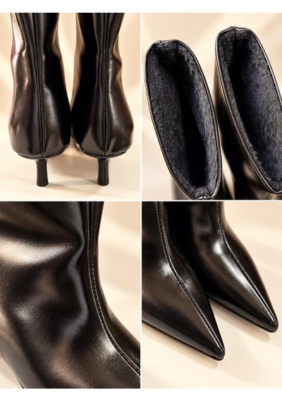 Dabab Shoes Derın Kadın Siyah İçi Kürklü Sivri Burun Ön Dikiş Detaylı 5 Cm İnce Topuklu Orta Konç Bot Bootie