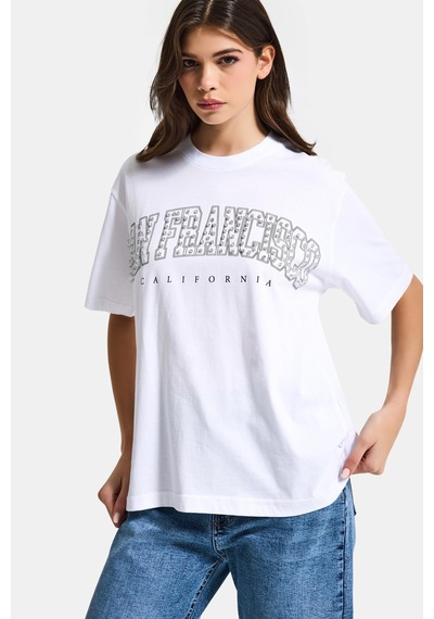 Itsbasic Kadın Beyaz S6-2 Oversize Özel Parlak Taşlı Sloganlı Bol Kesim T-shirt