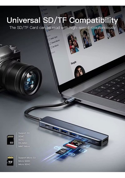 7in1 Aluminium Pd100w Hızlı Şarj 4k 60hz Hdm 3xusb 1xtype-c Tf/sd Usb Çoklayıcı Çevirici