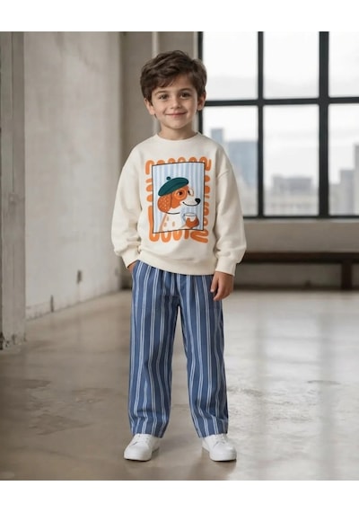 Kidsroom Çizgili Gabardin Pantolonlu Erkek Çocuk Takım Ekru
