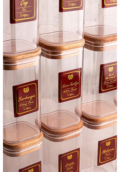 Snippy Boxy - 12'li Ahşap Vakumlu Kapaklı Etiketli Baharatlık Takımı 350 Ml - Erzak Saklama Kabı Seti Ahşap