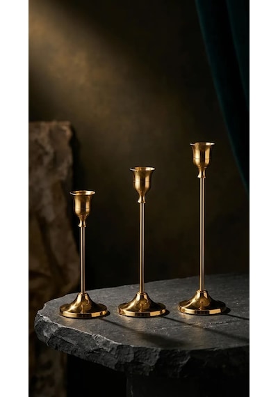 3'lü Metal Şamdan Seti Gold Renk Şamdanlık Klasik Mumluk Seti Çan Model 16-19-22 Cm