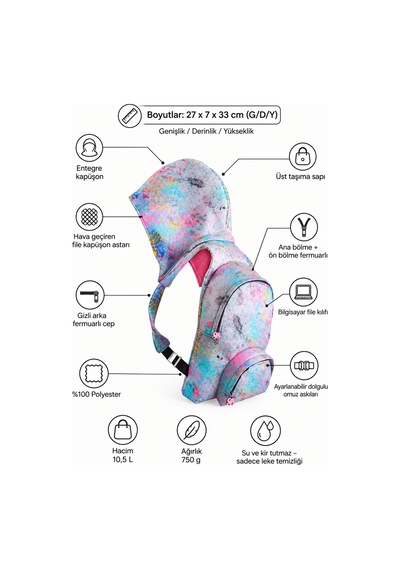 Unisex Çocuk Su Geçirmez Pollock Desenli Çıkarılabilir Kapüşonlu Sırt Çantası Pembe