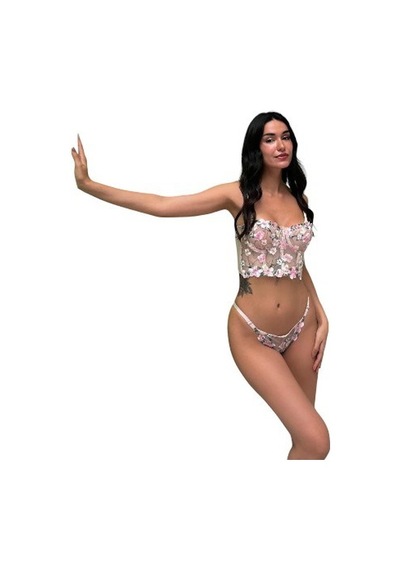 Onsekiz18shop İçi Boş Tül Ten Rengi Nakışlı Çiçekli Büstiyer Takımı Lacivert