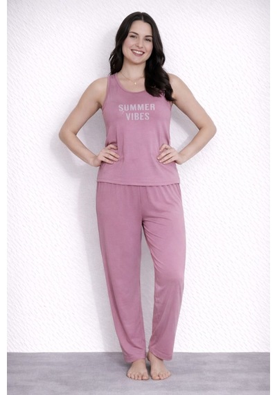 Pemilo Kadın 20604 Kolsuz % 100 Pamuk Pijama Takımı GÜL KURUSU