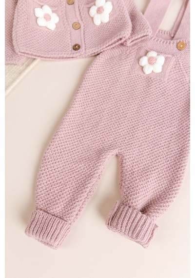 Babymod Yumuşak Dokulu Triko Hırkalı Kız Bebek Örgü Salopet Tulum Set Gülkurusu