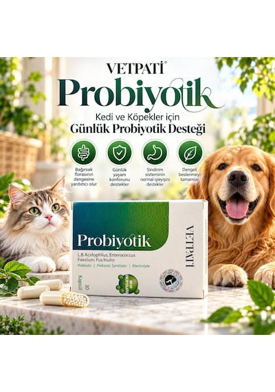 Vetpati Probiyotik Kedi Ve Köpekler İçin Probiyotik Prebiyotik Sinbiyotik Takviye 30 Kapsül