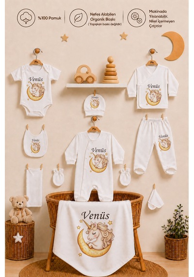 Pia Baby Kişiye Özel İsimli Kız Bebek Hastane Çıkış Seti 10 Parça %100 Pamuk 110810yx Ekru