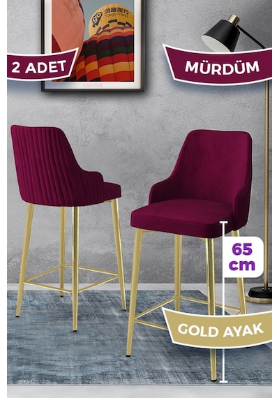 Canisa Tera Serisi 2 Adet Babyface Kumaş 65 Cm Gold Kaplama Ayaklı Mürdüm Bar Sandalyesi Mürdüm Sandalye Gold Kaplama Ayak
