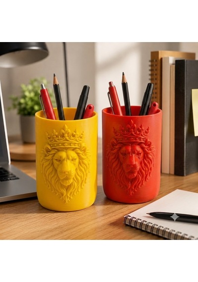 Aslan Figürlü Kalemlik Masaüstü Kalem Organizeri 10x6 Cm 3d Baskı Dekoratif Kalem Kutusu Ofis Ev Çalışma Masası Aksesuarı Sarı