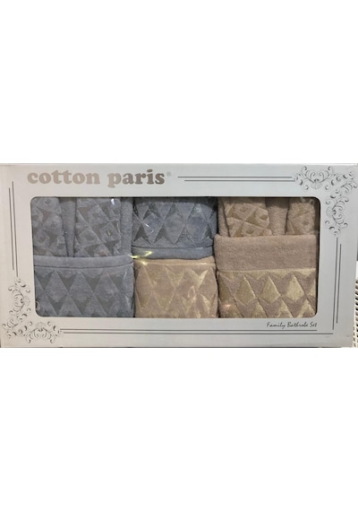 Royam Cotton Paris Jakarlı Pamuklu 6 Parça Aile Bornoz Seti Gri