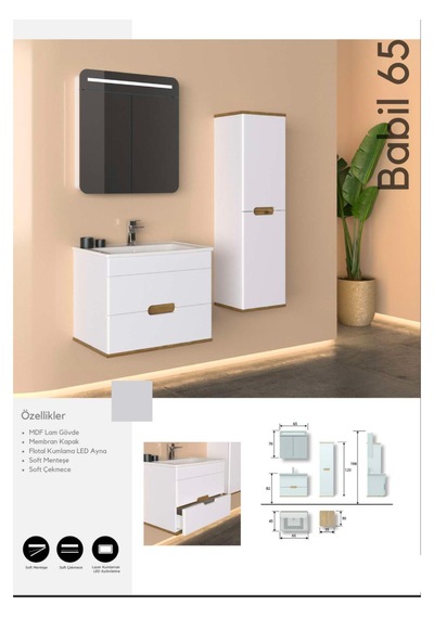 Evros Babil 65 Cm Banyo Dolabı Boy Dolabı Dahil Beyaz