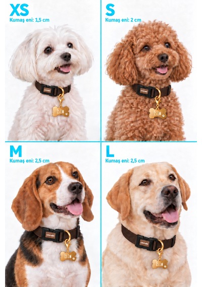 Caramelos İsimli Köpek Tasması, Ayarlanabilir Yavru, Mini, Orta Ve Büyük Irk Köpek Tasması, Kahverengi