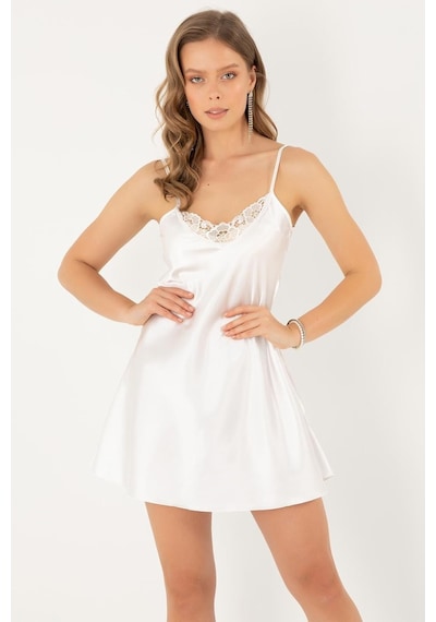 İnce Askılı Güpürlü Mini Saten Gecelik-337,ekru L/xl Açık Bej - Beyaz