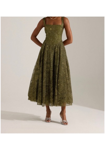 Uzer Abiye Işıltılı Sim Baskılı Jacquard Dokulu Kare Yaka Couture Premium Abiye Elbise,düğün Albisesi Haki