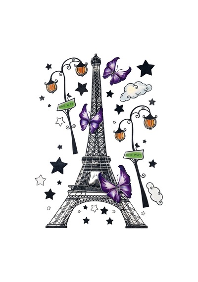 3d Renkli Eyfel Kulesi Duvar Stickerı 32x50 Cm Mor Kelebekli Paris Temalı Oda Duvar Dekorasyonu