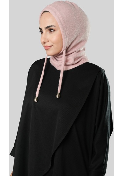 Hürrem Bone Pudra Bağcıklı Peluş Balaklava Boyunluklu Bere Jakar Düz 2327 06 Pudra